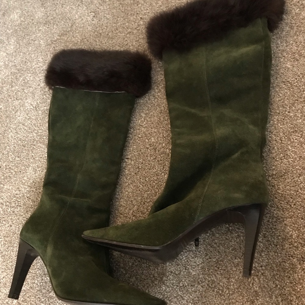 Green Suede Platform Boots with Fur Below Knee